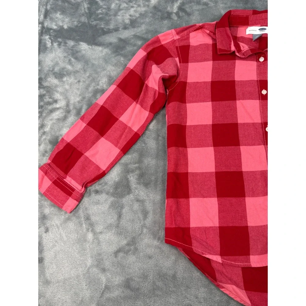 Old‎ Navy Red Pink Buffalo Plaid Boyfriend Button Down Shirt Girls Large 10-12
